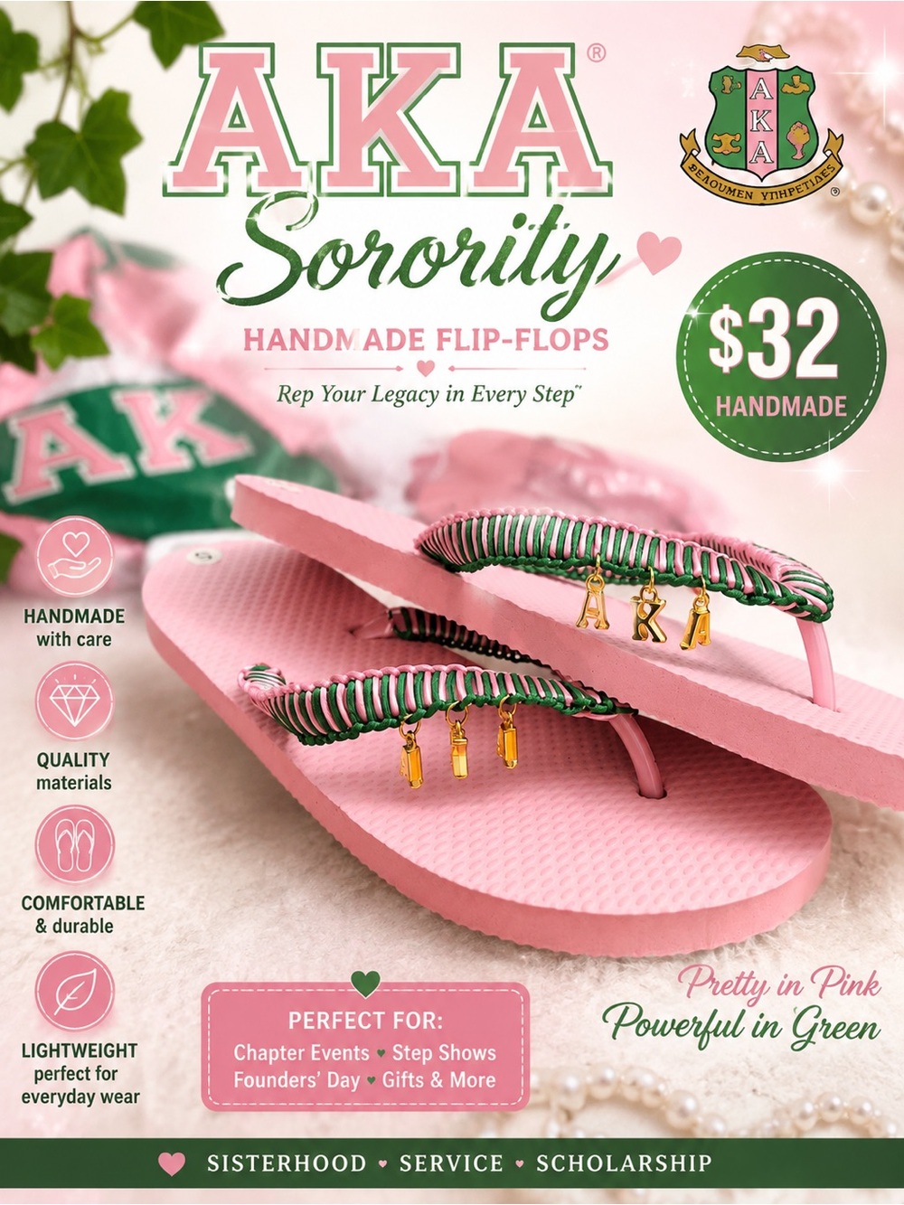 🩷. S-10. Women Pink and Green Handmade Flip-Flops